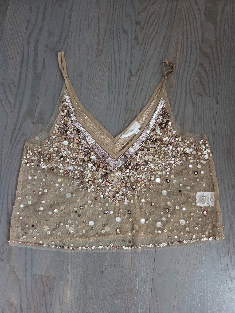 Anthropologie Sequin Embellished Nude-Beige V-Neck Camisole - Picture 11 of 13